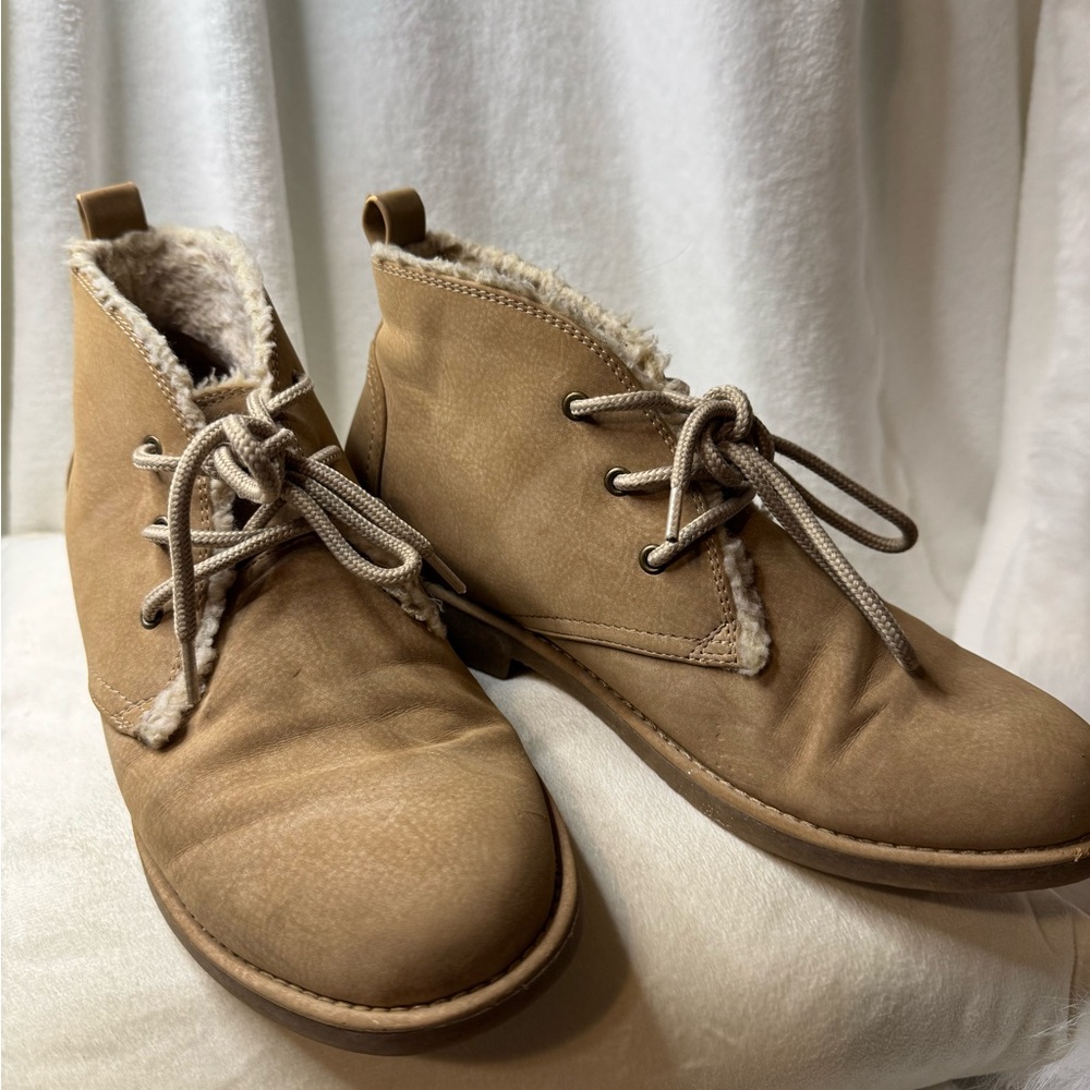 Seven Dials Tan Lace-Up Ankle Boots with Faux Fur